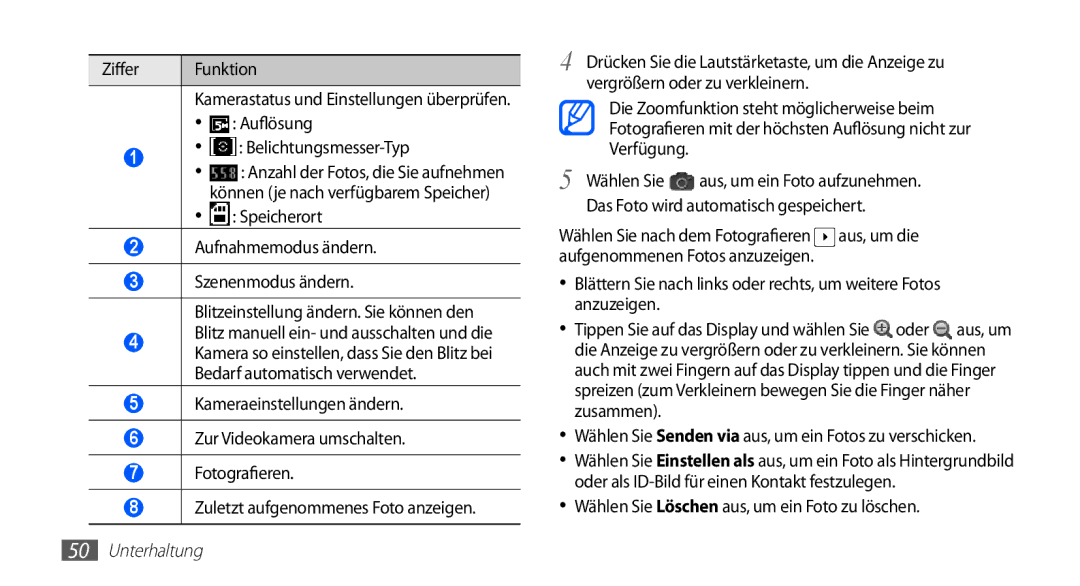 Samsung GT-S5830OKAEPL, GT-S5830OKZDBT, GT-S5830OKYXEG, GT-S5830OKADBT manual Wählen Sie Löschen aus, um ein Foto zu löschen 