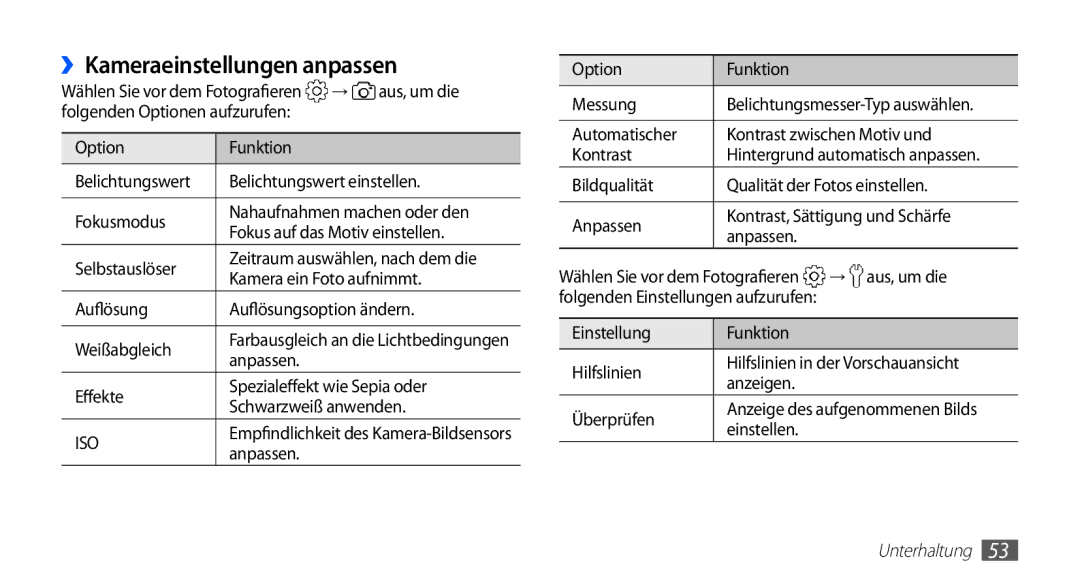 Samsung GT-S5830OKAATO, GT-S5830OKZDBT, GT-S5830OKYXEG, GT-S5830OKADBT, GT-S5830OKACOS manual ››Kameraeinstellungen anpassen 