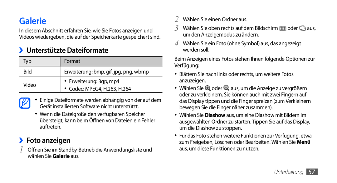 Samsung GT-S5830OKACOS, GT-S5830OKZDBT manual Galerie, ››Unterstützte Dateiformate, ››Foto anzeigen, Typ Format Bild 