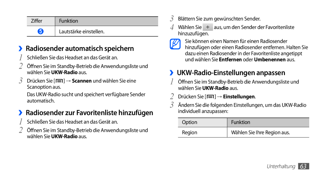 Samsung GT-S5830OKZEPL, GT-S5830OKZDBT manual ››Radiosender automatisch speichern, ››UKW-Radio-Einstellungen anpassen 