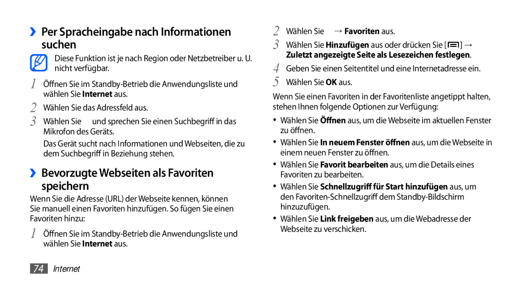 Samsung GT-S5830OKADTM manual ››Per Spracheingabe nach Informationen suchen, ››Bevorzugte Webseiten als Favoriten speichern 