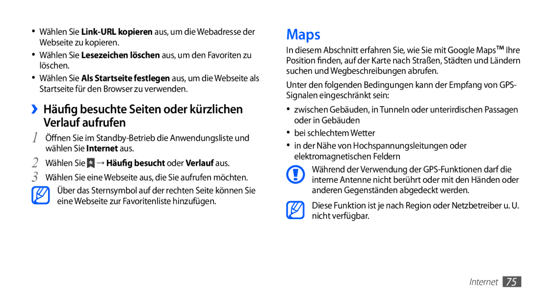 Samsung GT-S5830RWAVIA manual Maps, ››Häufig besuchte Seiten oder kürzlichen Verlauf aufrufen, Wählen Sie Internet aus 