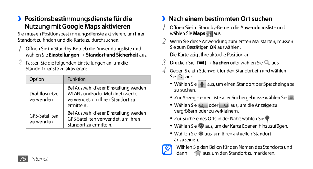 Samsung GT-S5830RWATUR manual ››Nach einem bestimmten Ort suchen, Standort zu ermitteln, Wählen Sie Maps Aus, Zu suchen 