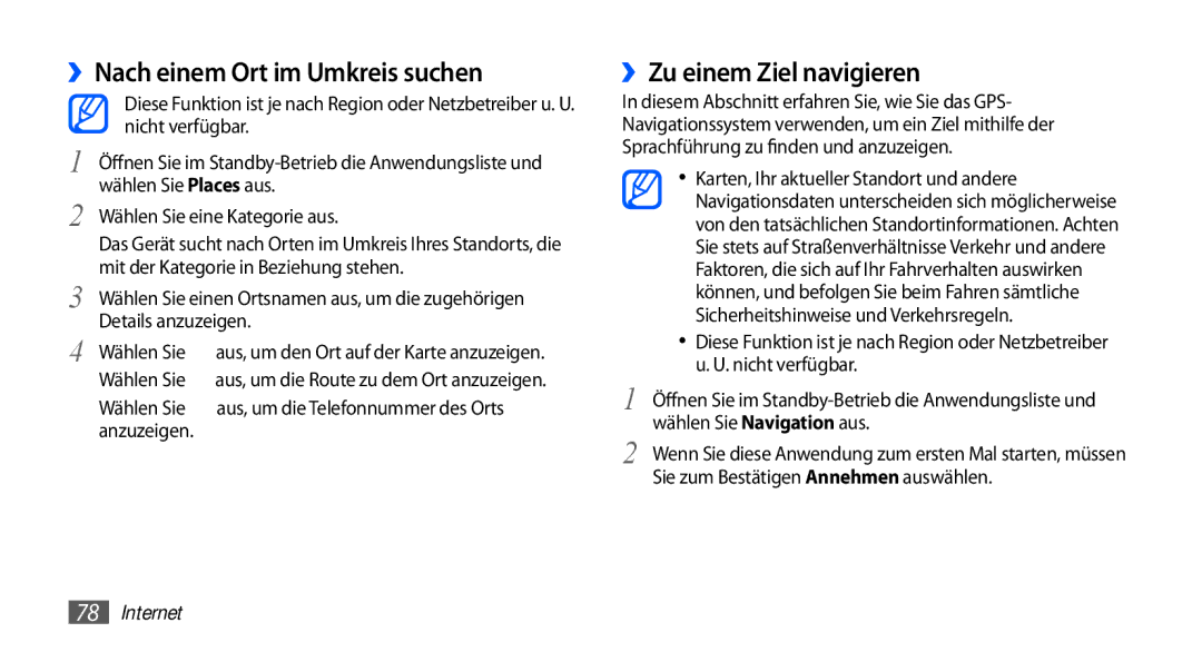 Samsung GT-S5830RWADTM, GT-S5830OKZDBT, GT-S5830OKYXEG manual ››Nach einem Ort im Umkreis suchen, ››Zu einem Ziel navigieren 