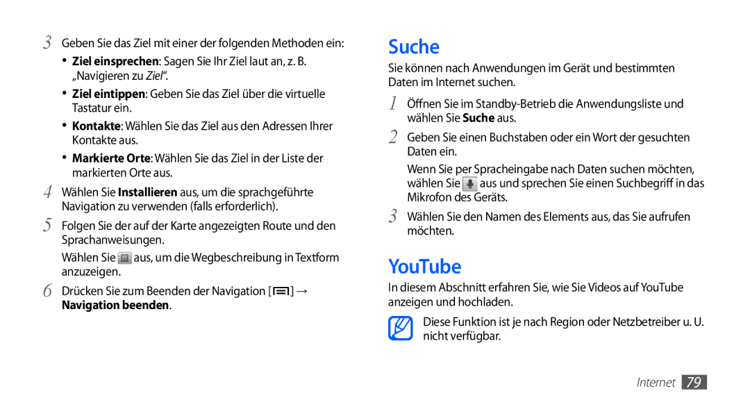 Samsung GT-S5830OKAVD2, GT-S5830OKZDBT manual Suche, YouTube, Drücken Sie zum Beenden der Navigation → Navigation beenden 