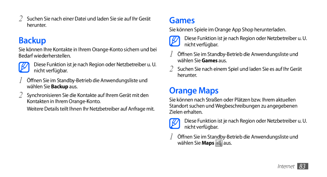 Samsung GT-S5830OKADBT, GT-S5830OKZDBT, GT-S5830OKYXEG, GT-S5830OKACOS, GT-S5830UWADBT manual Backup, Games, Orange Maps 