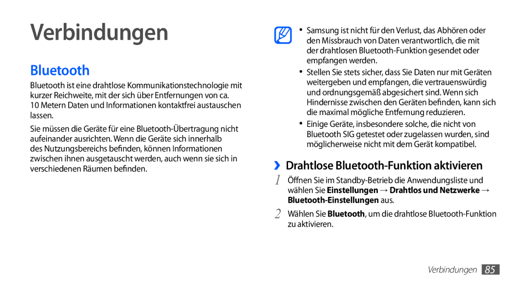Samsung GT-S5830UWADBT, GT-S5830OKZDBT, GT-S5830OKYXEG manual Verbindungen, ››Drahtlose Bluetooth-Funktion aktivieren 