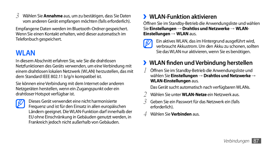 Samsung GT-S5830OKAVIA, GT-S5830OKZDBT, GT-S5830OKYXEG ››WLAN-Funktion aktivieren, ››WLAN finden und Verbindung herstellen 