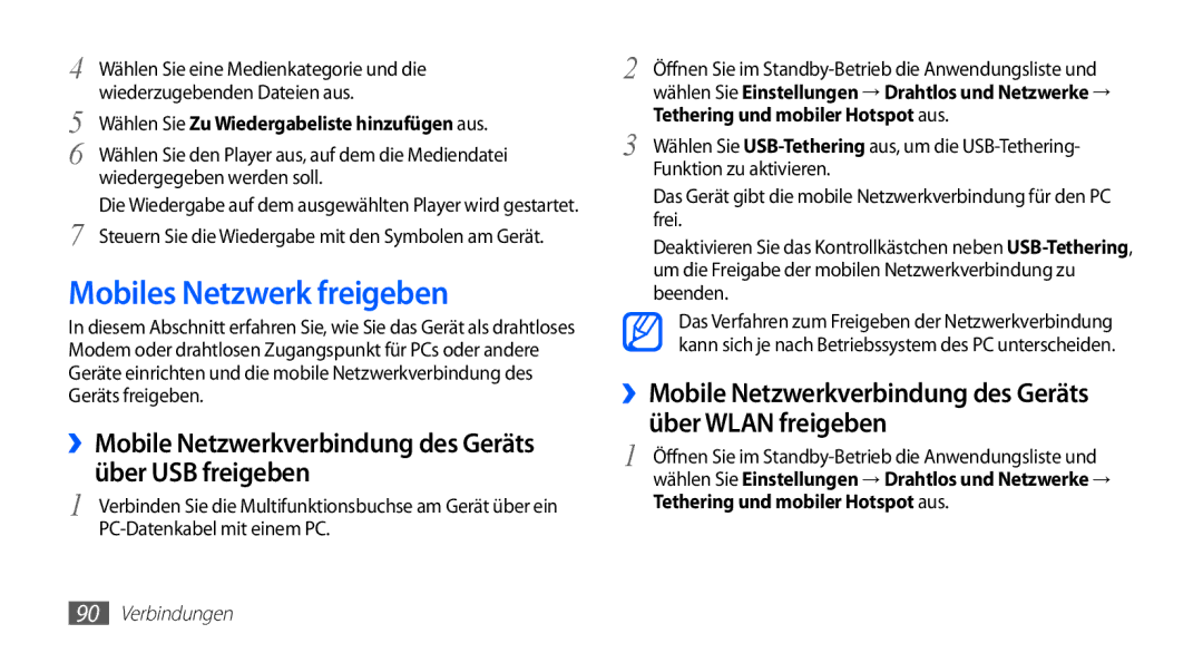 Samsung GT-S5830OKZEPL manual Mobiles Netzwerk freigeben, ››Mobile Netzwerkverbindung des Geräts über USB freigeben 