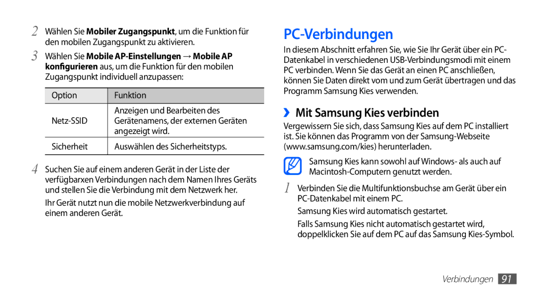 Samsung GT-S5830RWADBT, GT-S5830OKZDBT, GT-S5830OKYXEG, GT-S5830OKADBT manual PC-Verbindungen, ››Mit Samsung Kies verbinden 