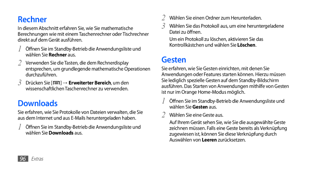 Samsung GT-S5830RWAVIT, GT-S5830OKZDBT, GT-S5830OKYXEG, GT-S5830OKADBT, GT-S5830OKACOS manual Rechner, Downloads, Gesten 