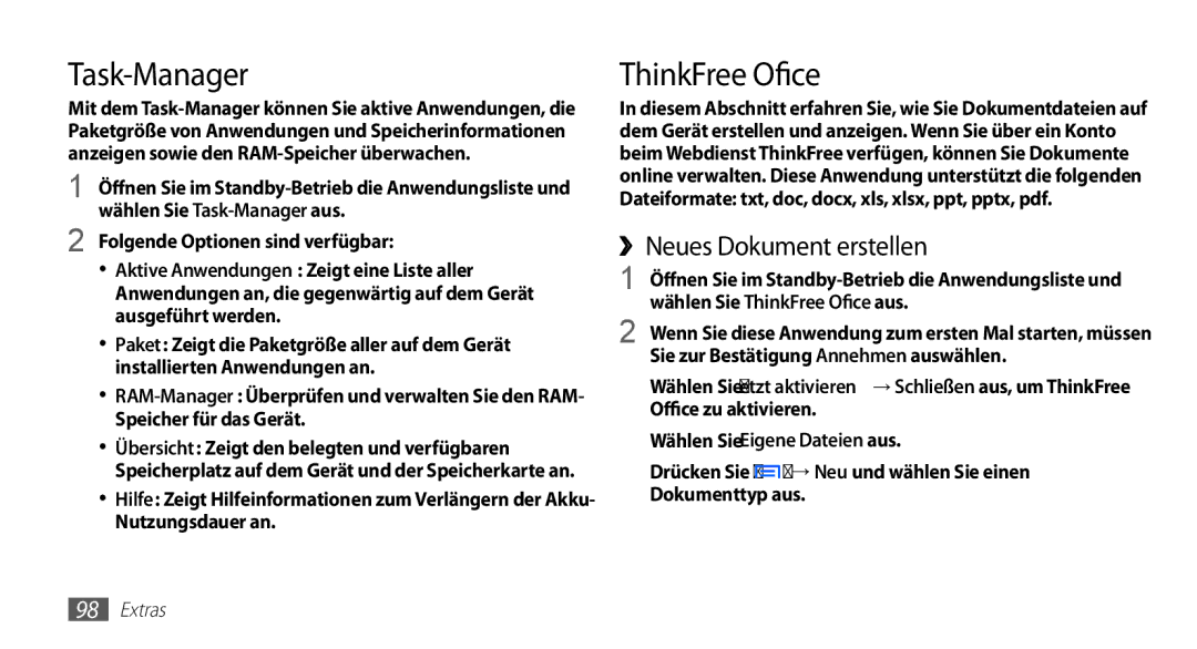 Samsung GT-S5830OKZVIA manual Task-Manager, ThinkFree Office, ››Neues Dokument erstellen, Wählen Sie Eigene Dateien aus 