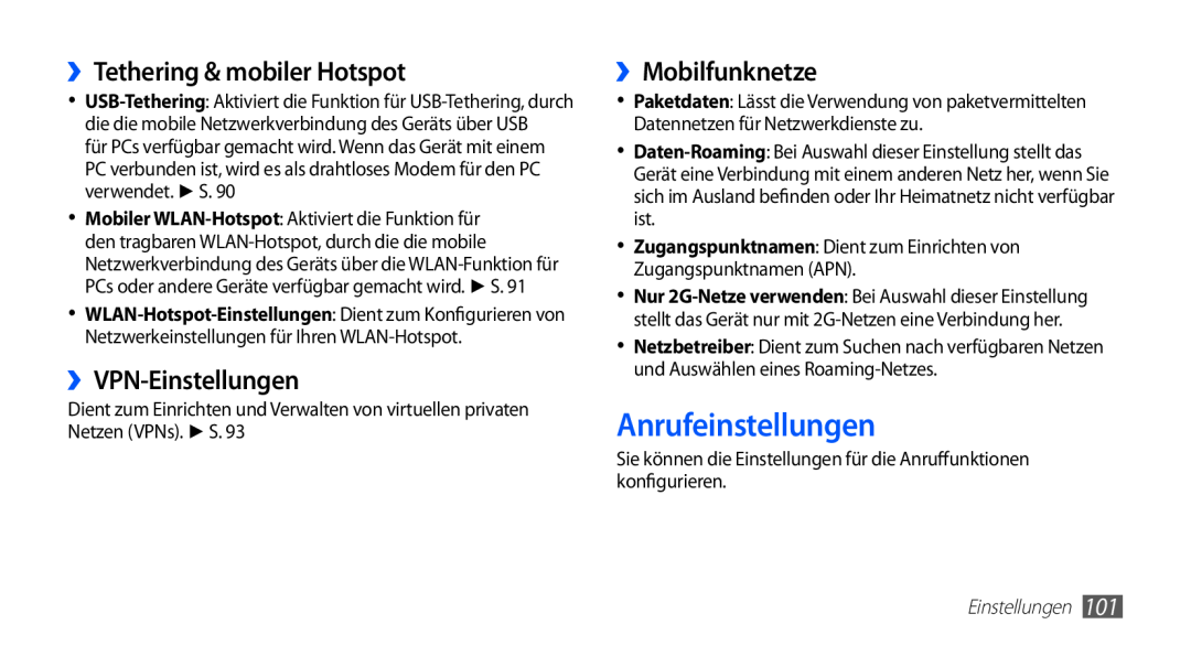Samsung GT-S5830OKADTM manual Anrufeinstellungen, ››Tethering & mobiler Hotspot, ››VPN-Einstellungen, ››Mobilfunknetze 
