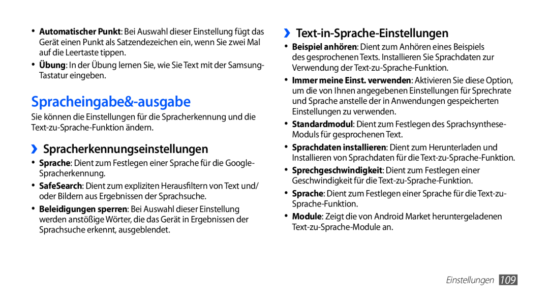 Samsung GT-S5830OKYXEG manual Spracheingabe&-ausgabe, ››Spracherkennungseinstellungen, ››Text-in-Sprache-Einstellungen 