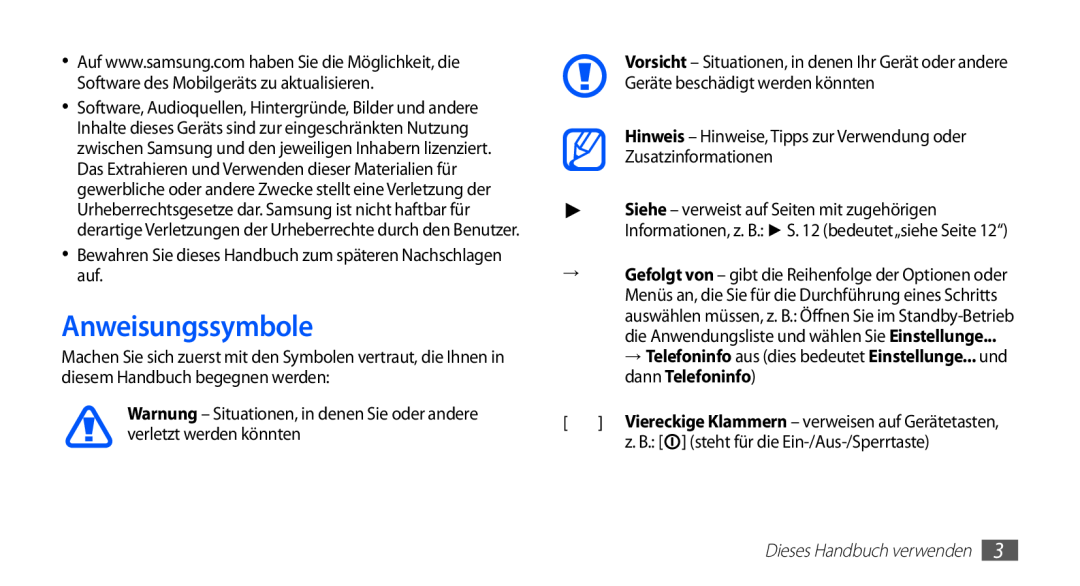 Samsung GT-S5830OKACOS manual Anweisungssymbole, → Telefoninfo aus dies bedeutet Einstellunge... und dann Telefoninfo 