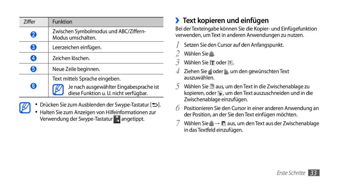 Samsung GT-S5830OKAVIA, GT-S5830OKZDBT, GT-S5830OKYXEG, GT-S5830OKADBT manual ››Text kopieren und einfügen, Erste Schritte 