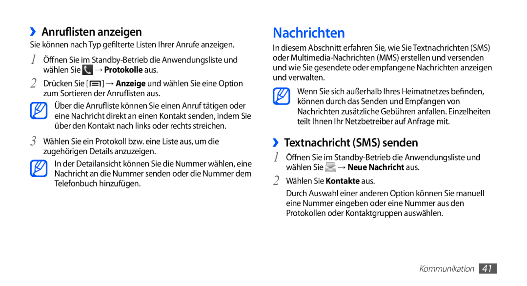 Samsung GT-S5830XKAMOB manual Nachrichten, ››Anruflisten anzeigen, ››Textnachricht SMS senden, → Neue Nachricht aus 