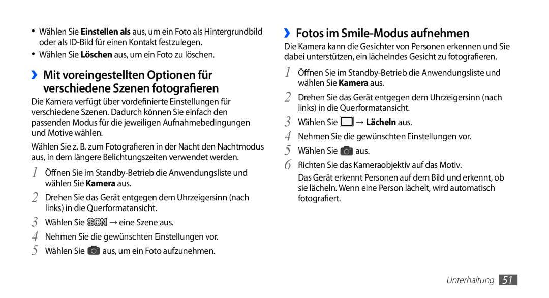 Samsung GT-S5830RWADTM, GT-S5830OKZDBT, GT-S5830OKYXEG manual ››Fotos im Smile-Modus aufnehmen, → Lächeln aus, Unterhaltung 