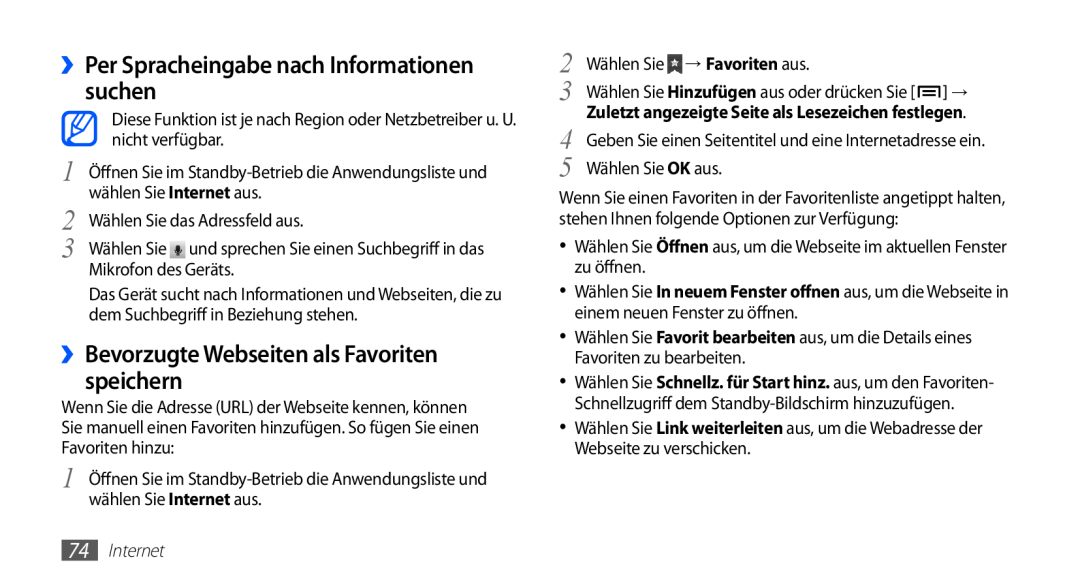 Samsung GT-S5830OKADTM manual ››Per Spracheingabe nach Informationen suchen, ››Bevorzugte Webseiten als Favoriten speichern 