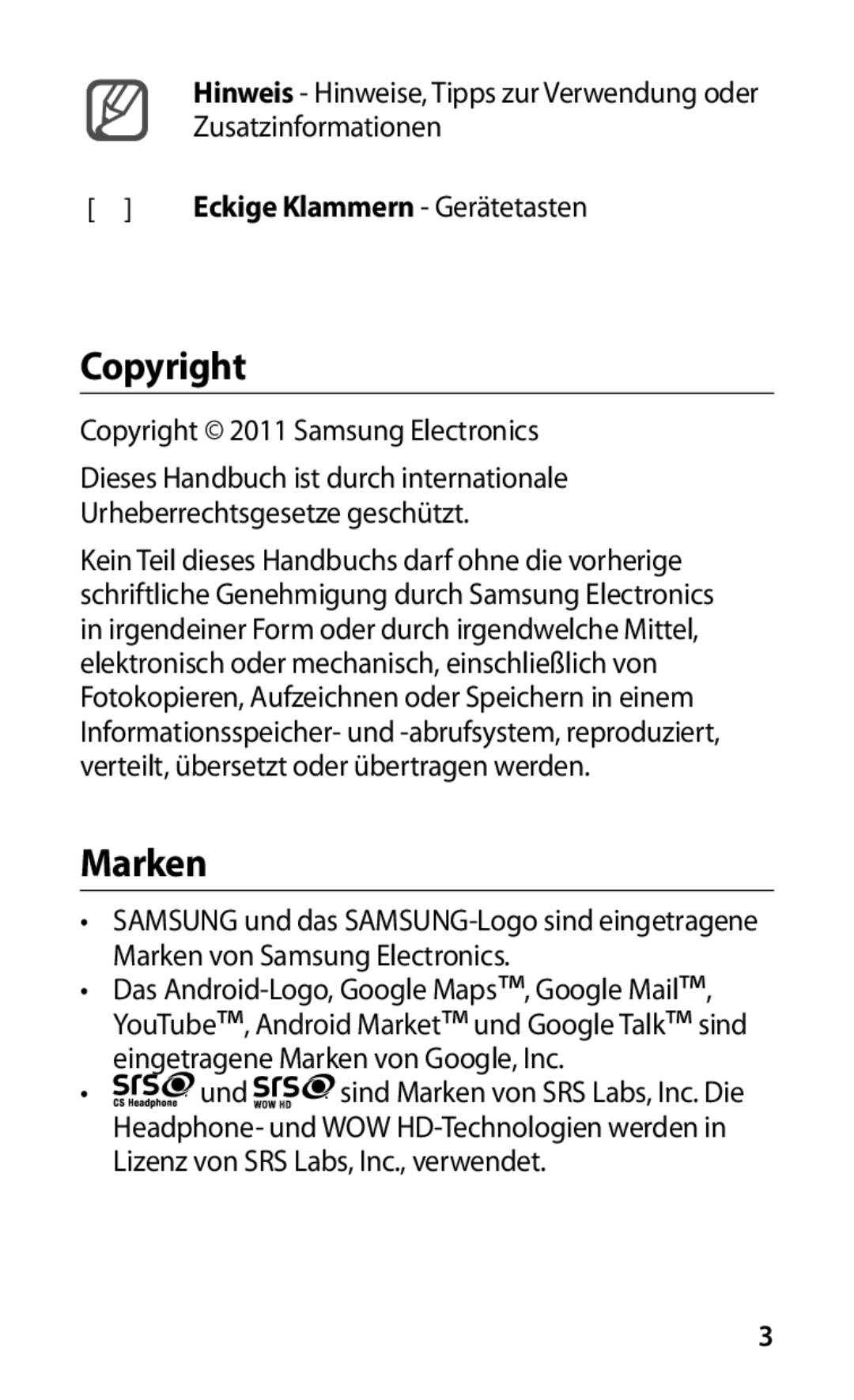 Samsung GT-S5830OKACOS manual Copyright, Marken, Hinweis - Hinweise, Tipps zur Verwendung oder Zusatzinformationen 