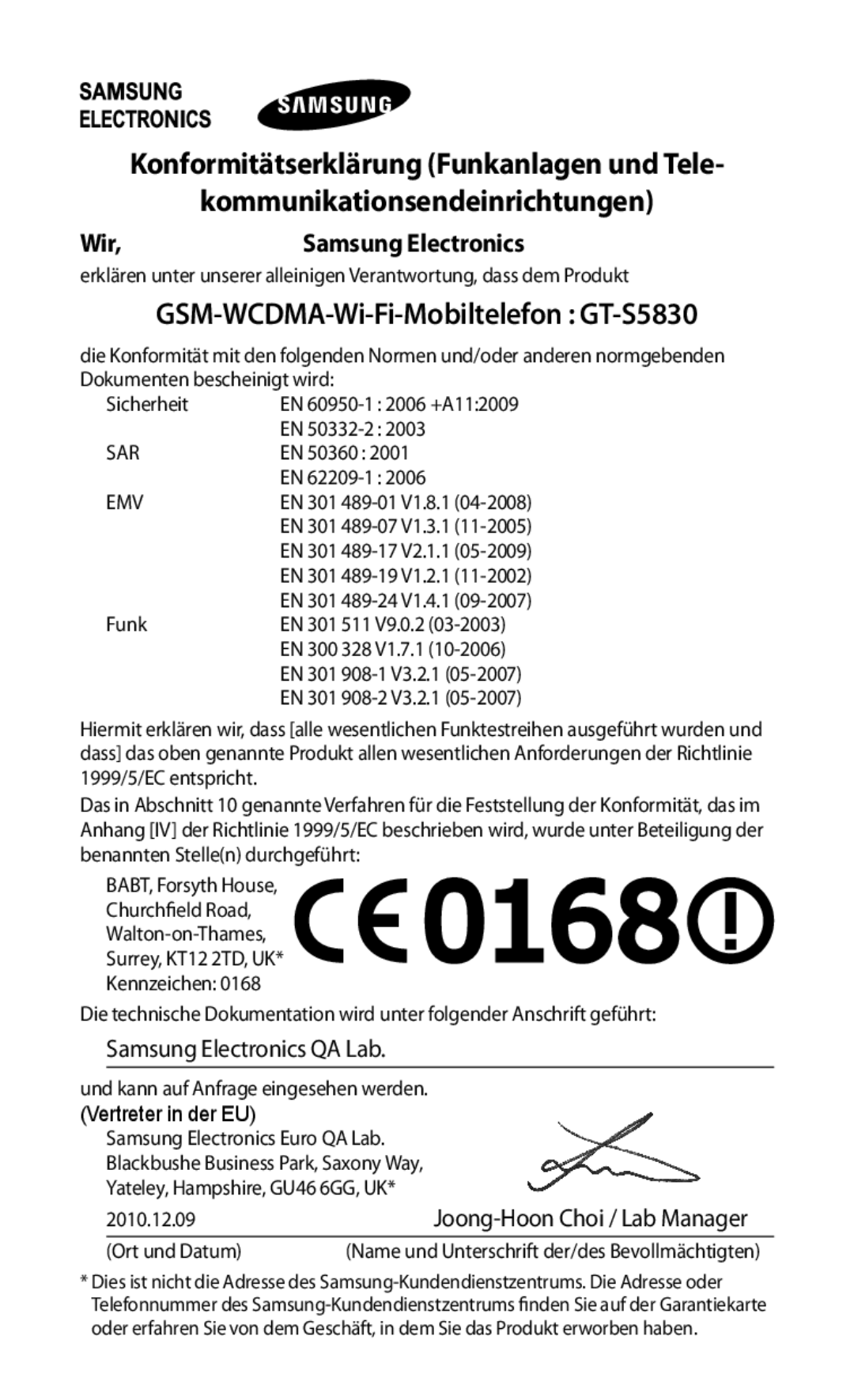 Samsung GT-S5830UWADBT kommunikationsendeinrichtungen, GSM-WCDMA-Wi-Fi-Mobiltelefon GT-S5830, Wir,Samsung Electronics 