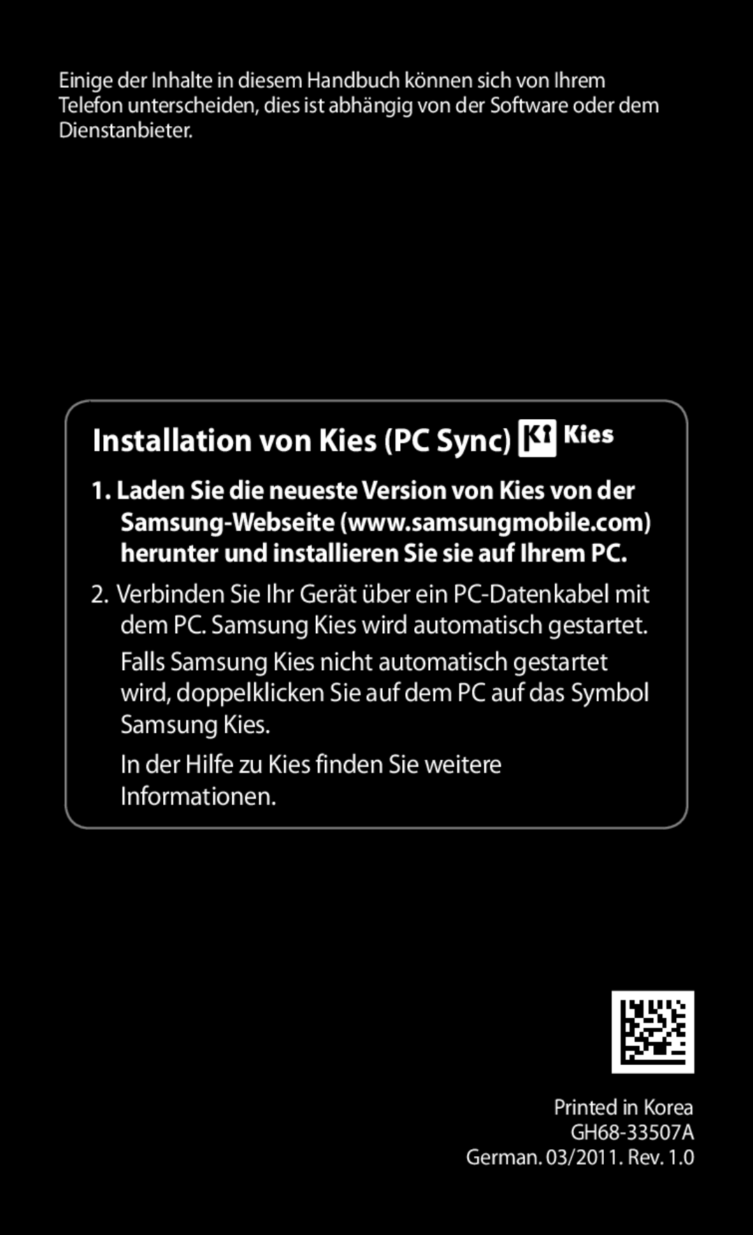 Samsung GT-S5830RWAEPL manual Installation von Kies PC Sync, In der Hilfe zu Kies finden Sie weitere Informationen 
