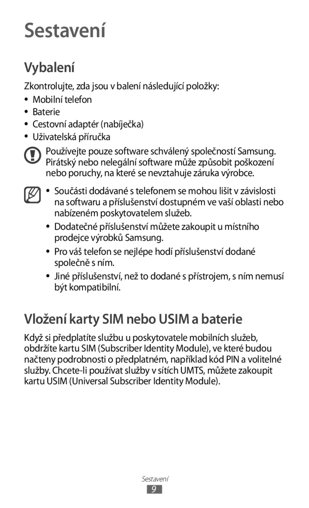 Samsung GT-S5830OKAXEZ, GT-S5830PPAXSK, GT-S5830OKATMS manual Sestavení, Vybalení, Vložení karty SIM nebo Usim a baterie 