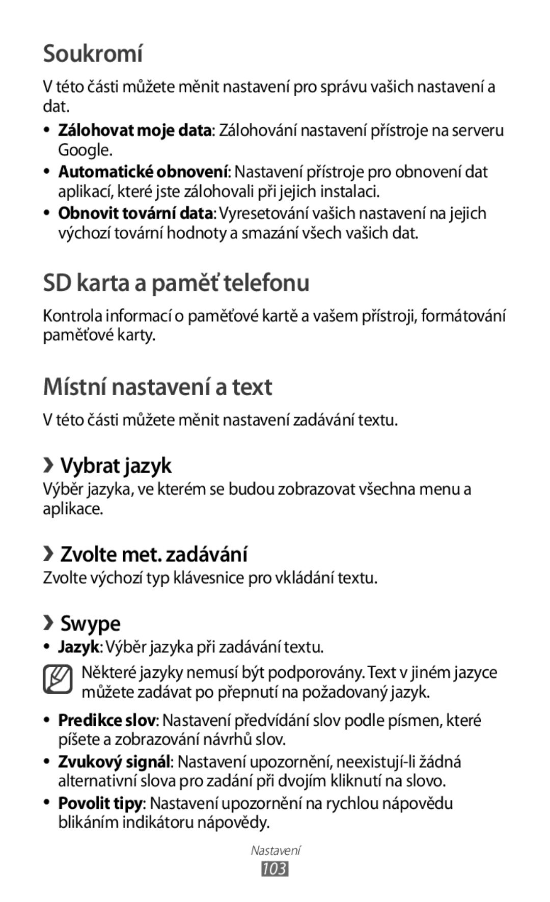 Samsung GT-S5830PPAXEZ, GT-S5830PPAXSK, GT-S5830OKATMS manual Soukromí, SD karta a paměť telefonu, Místní nastavení a text 