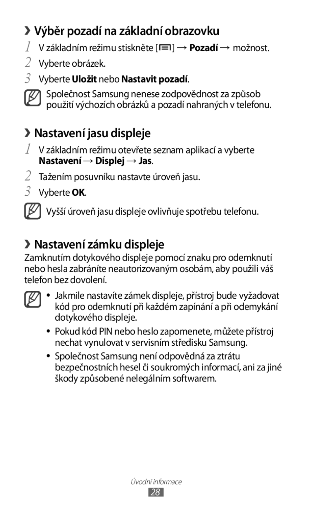 Samsung GT-S5830OKATMS manual › Výběr pozadí na základní obrazovku, › Nastavení jasu displeje, › Nastavení zámku displeje 