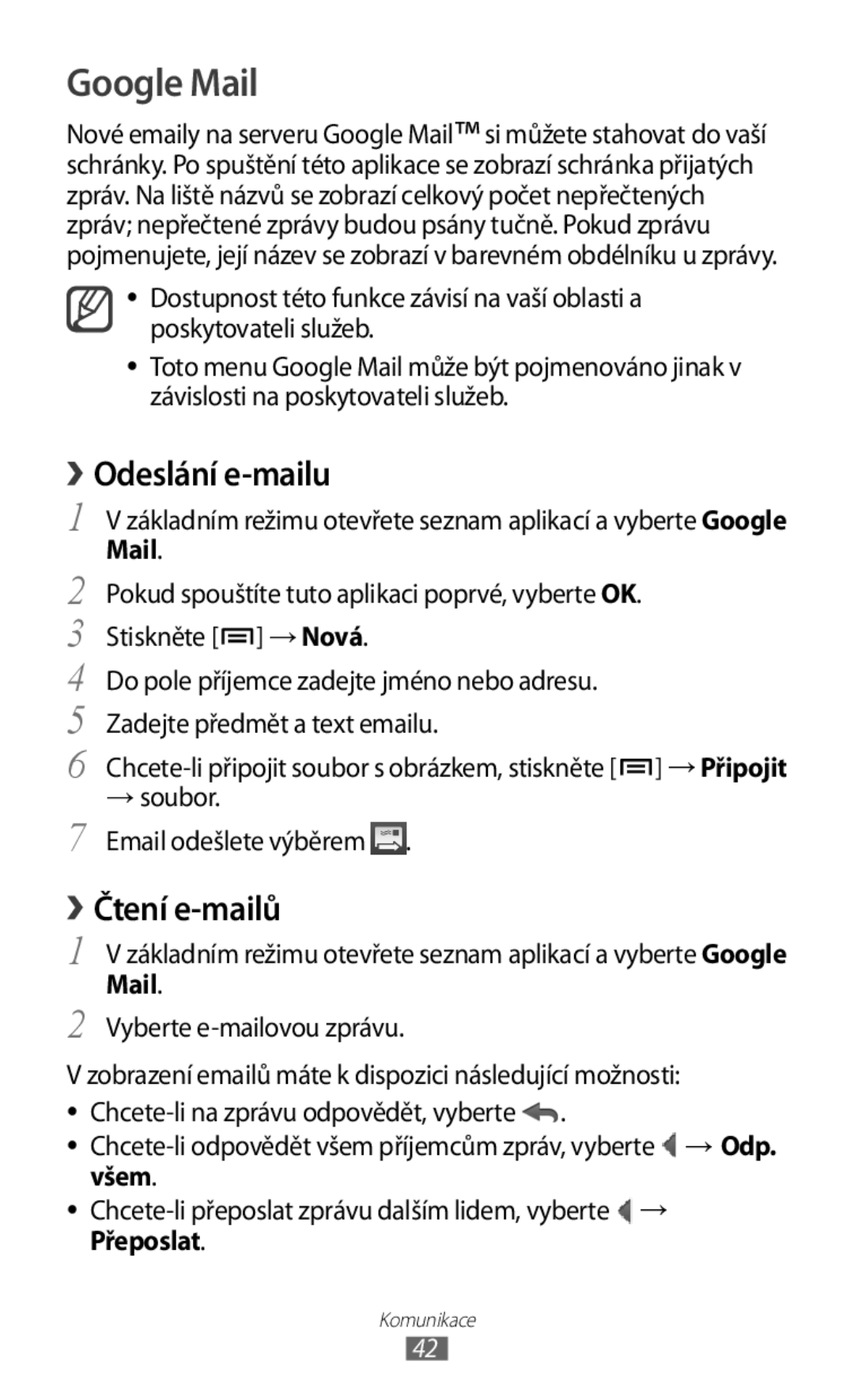 Samsung GT-S5830RWAXEZ, GT-S5830PPAXSK, GT-S5830OKATMS, GT2S5830OKATMZ manual Google Mail, › Odeslání e-mailu, › Čtení e-mailů 