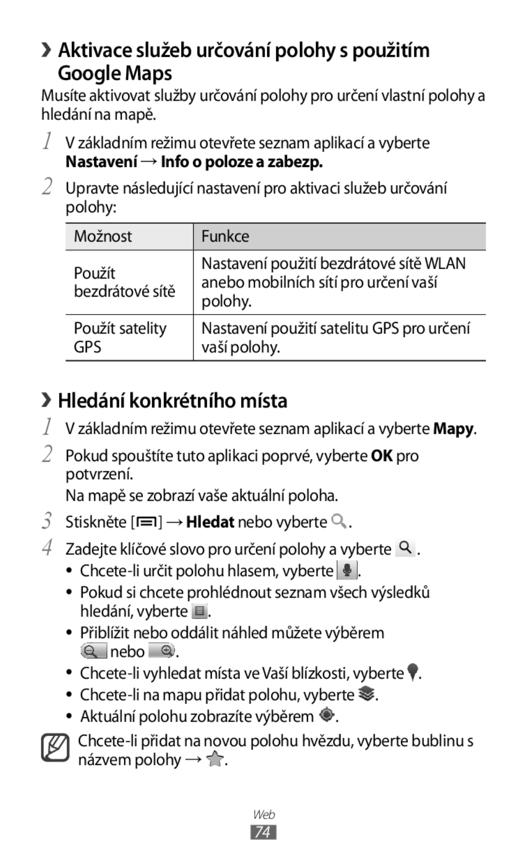 Samsung GT-S5830UWAXSK manual › Aktivace služeb určování polohy s použitím Google Maps, › Hledání konkrétního místa 