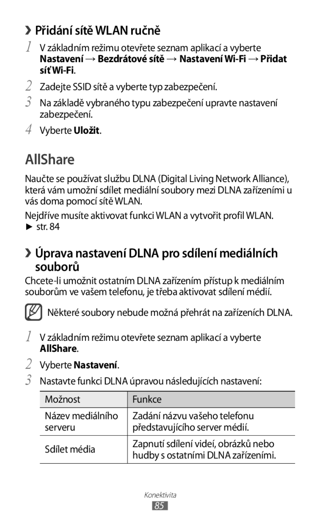 Samsung GT2S5830OKATMZ manual AllShare, › Přidání sítě Wlan ručně, Souborů, › Úprava nastavení Dlna pro sdílení mediálních 