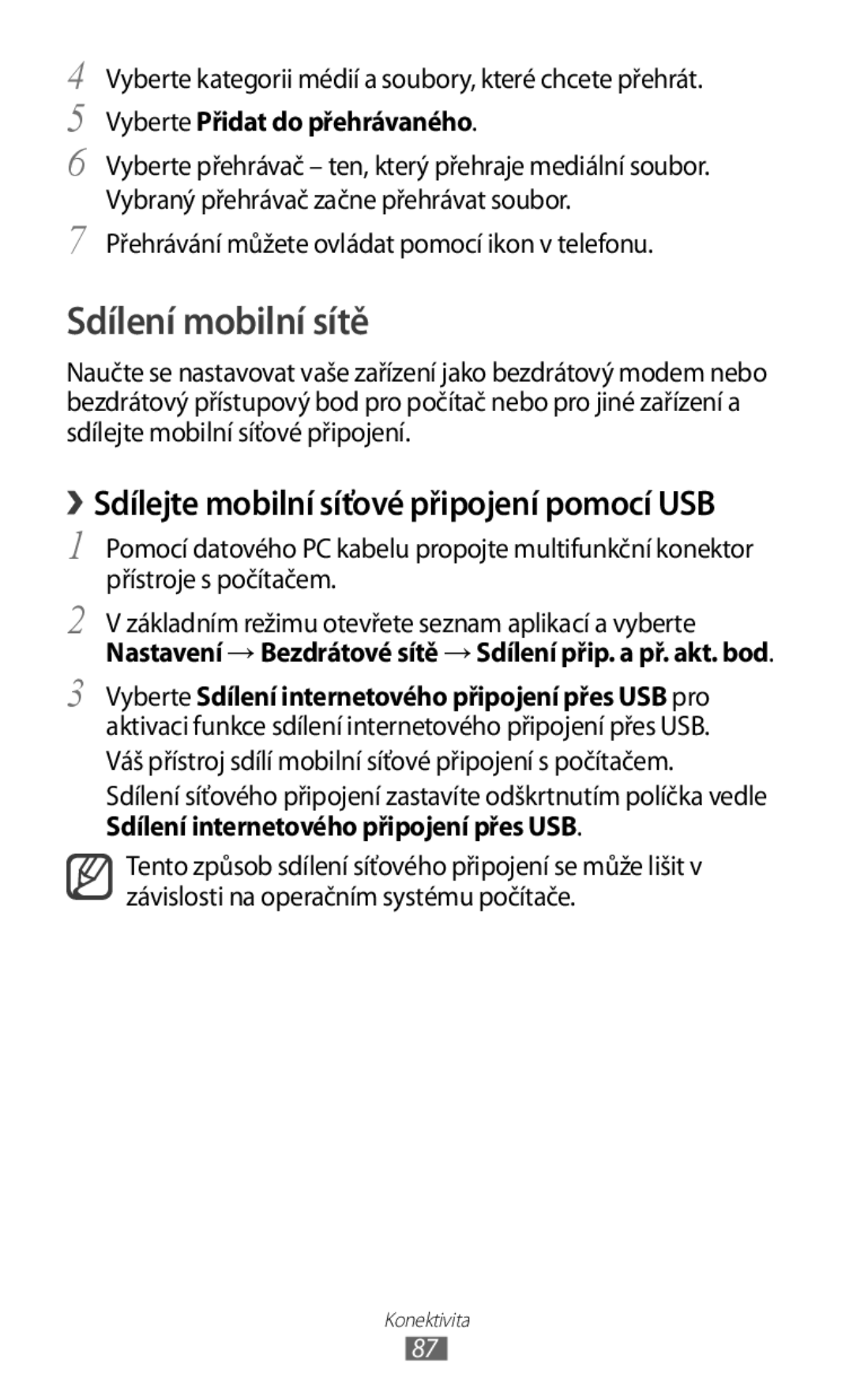 Samsung GT-S5830PPAORO, GT-S5830PPAXSK, GT-S5830OKATMS Sdílení mobilní sítě, › Sdílejte mobilní síťové připojení pomocí USB 