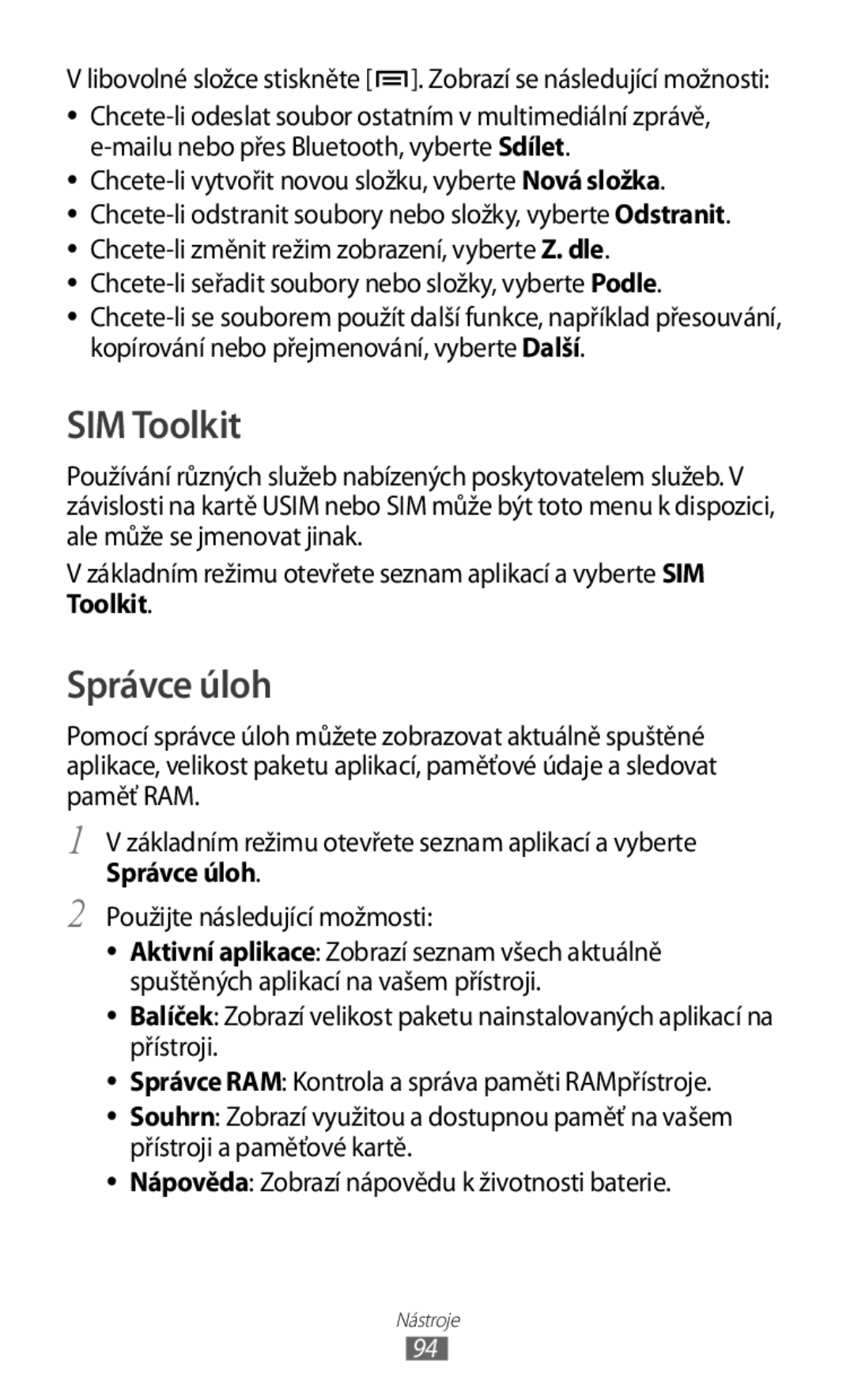 Samsung GT-S5830OKAVDC, GT-S5830PPAXSK, GT-S5830OKATMS, GT2S5830OKATMZ, GT2S5830OKAORS manual SIM Toolkit, Správce úloh 