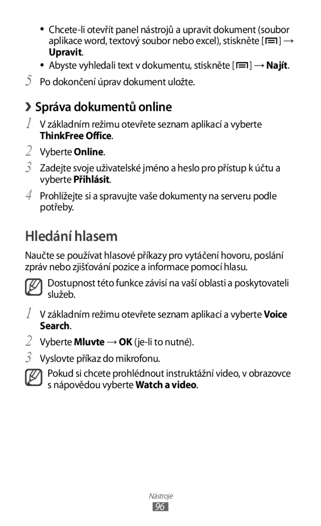 Samsung GT2S5830PPAXSK, GT-S5830PPAXSK, GT-S5830OKATMS, GT2S5830OKATMZ manual Hledání hlasem, › Správa dokumentů online 