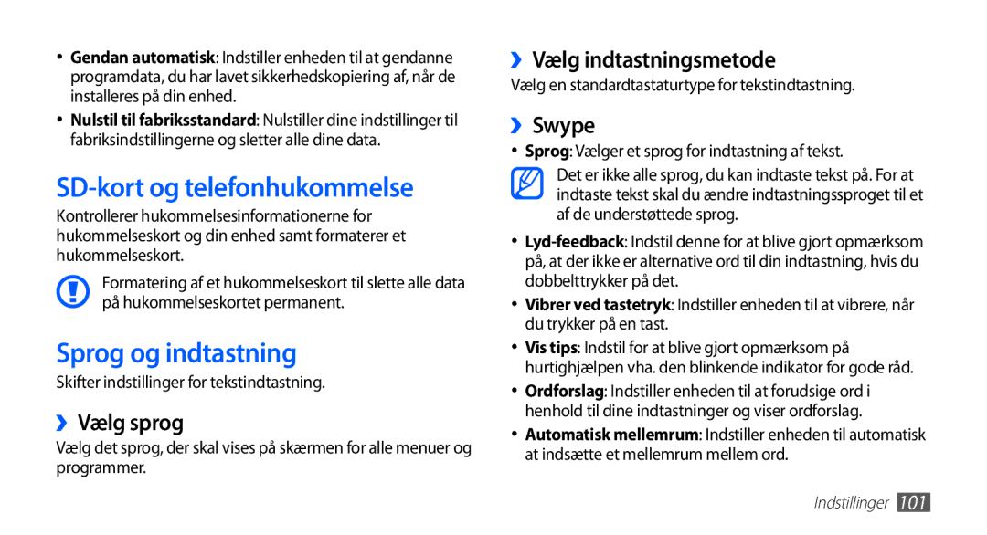 Samsung GT-S5830RWINEE manual SD-kort og telefonhukommelse, Sprog og indtastning, ››Vælg sprog, ››Vælg indtastningsmetode 