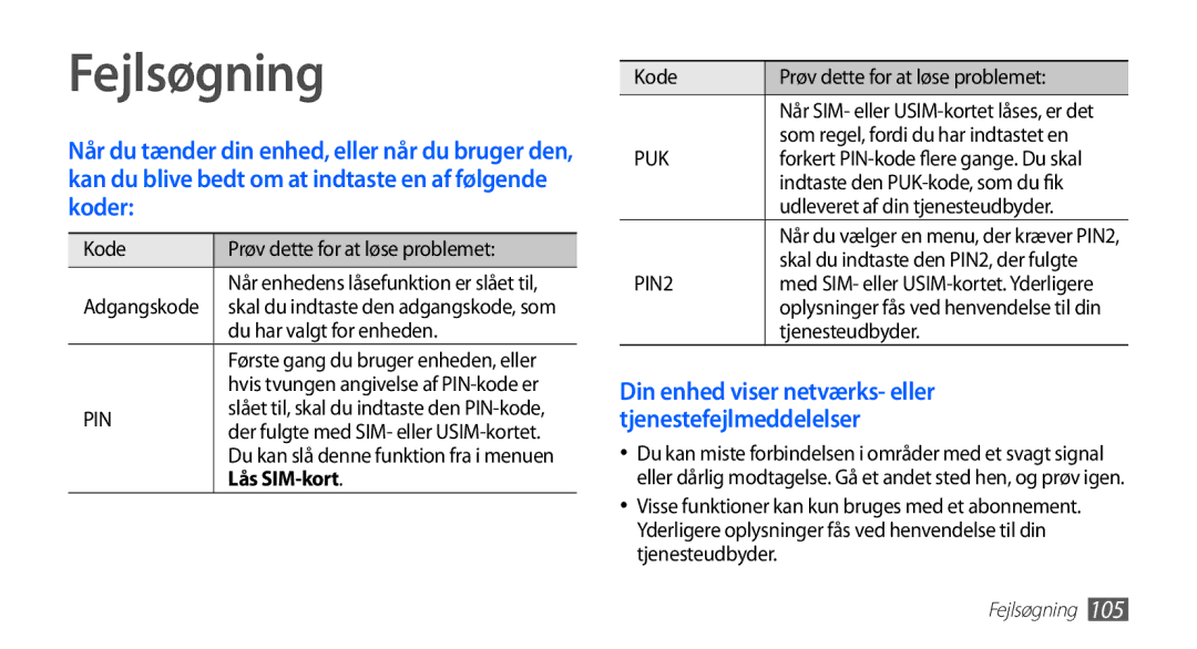Samsung GT-S5830RWINEE manual Fejlsøgning, Kode Prøv dette for at løse problemet, Du har valgt for enheden, Lås SIM-kort 