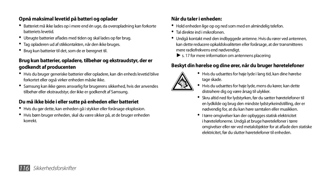 Samsung GT-S5830PPINEE, GT-S5830RWINEE, GT-S5830UWINEE, GT-S5830OKINEE manual Opnå maksimal levetid på batteri og oplader 