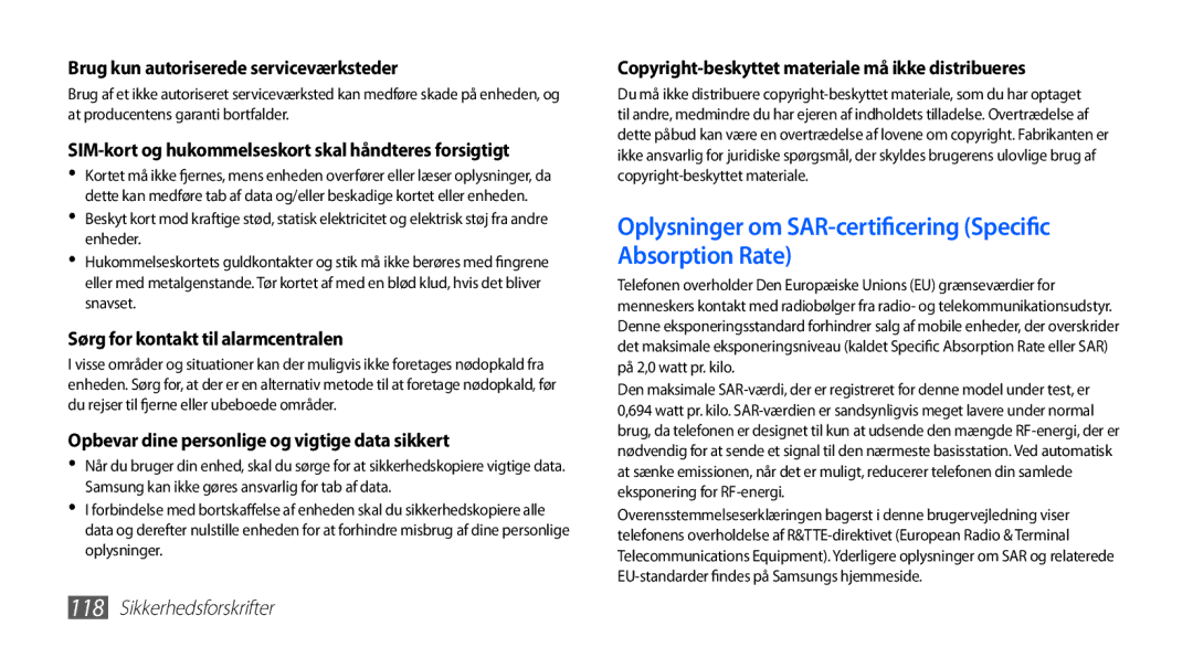 Samsung GT-S5830UWINEE, GT-S5830PPINEE, GT-S5830RWINEE manual Oplysninger om SAR-certificering Specific Absorption Rate 