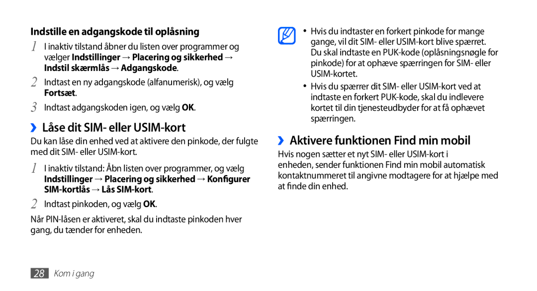Samsung GT-S5830PPINEE, GT-S5830RWINEE manual ››Låse dit SIM- eller USIM-kort, ››Aktivere funktionen Find min mobil 