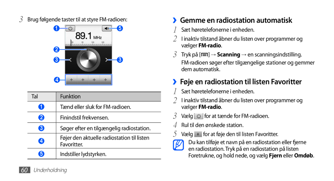 Samsung GT-S5830PPINEE, GT-S5830RWINEE ››Gemme en radiostation automatisk, ››Føje en radiostation til listen Favoritter 