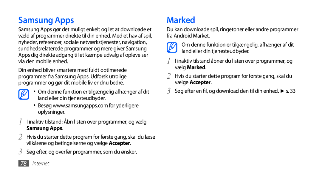 Samsung GT-S5830UWINEE, GT-S5830PPINEE manual Samsung Apps, Marked, Søg efter, og overfør programmer, som du ønsker 