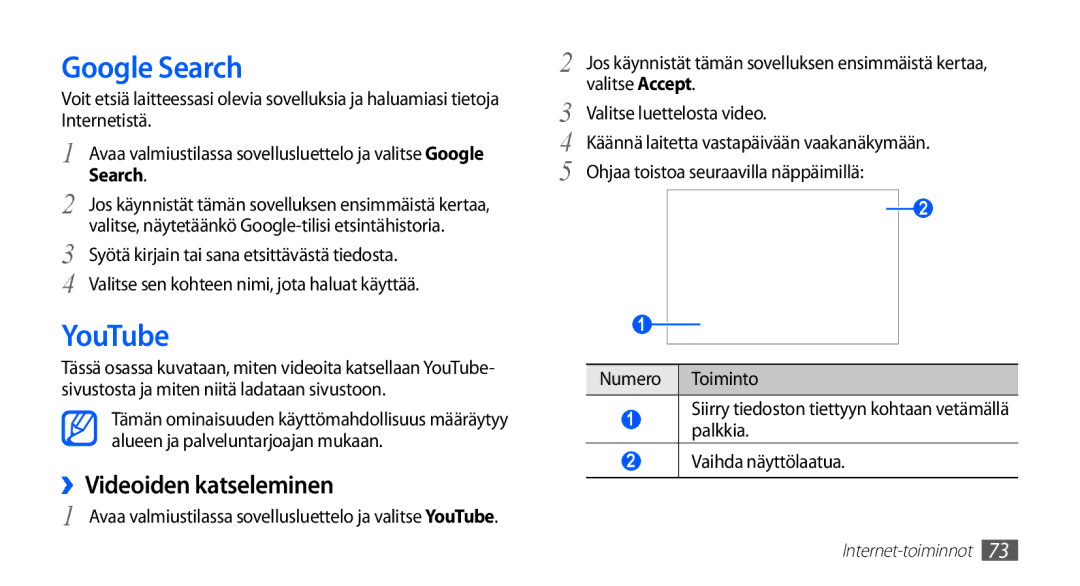 Samsung GT-S5830RWINEE, GT-S5830PPINEE, GT-S5830UWINEE, GT-S5830OKINEE manual Google Search, YouTube, ››Videoiden katseleminen 