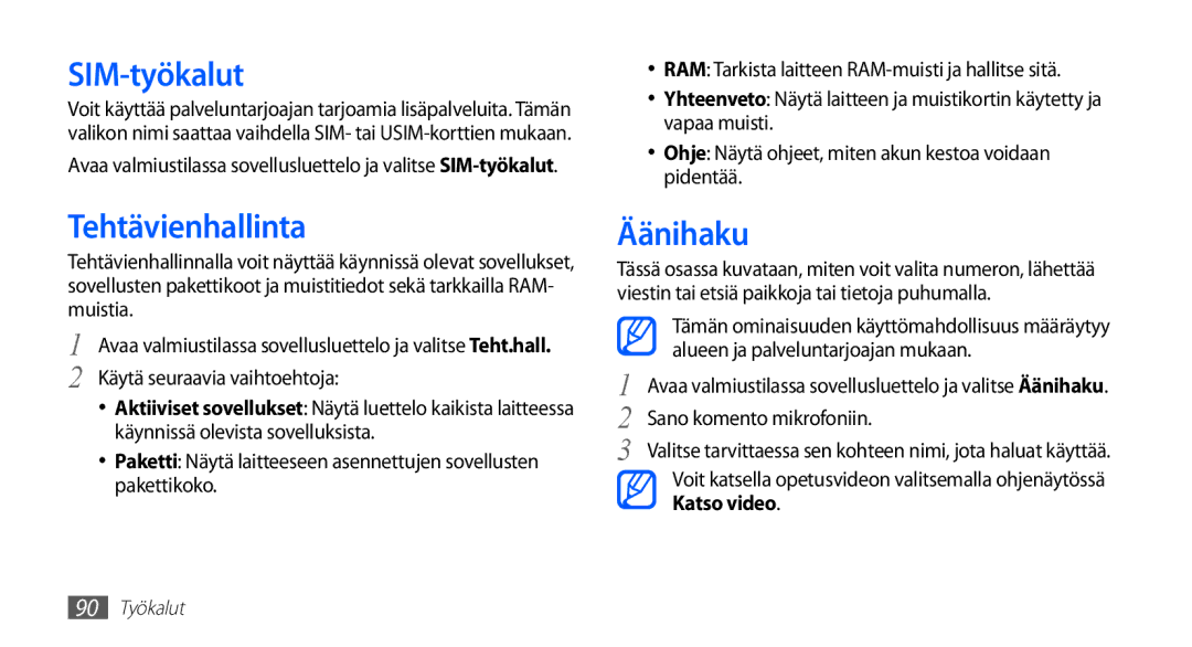 Samsung GT-S5830UWINEE, GT-S5830PPINEE, GT-S5830RWINEE, GT-S5830OKINEE manual SIM-työkalut, Tehtävienhallinta, Äänihaku 