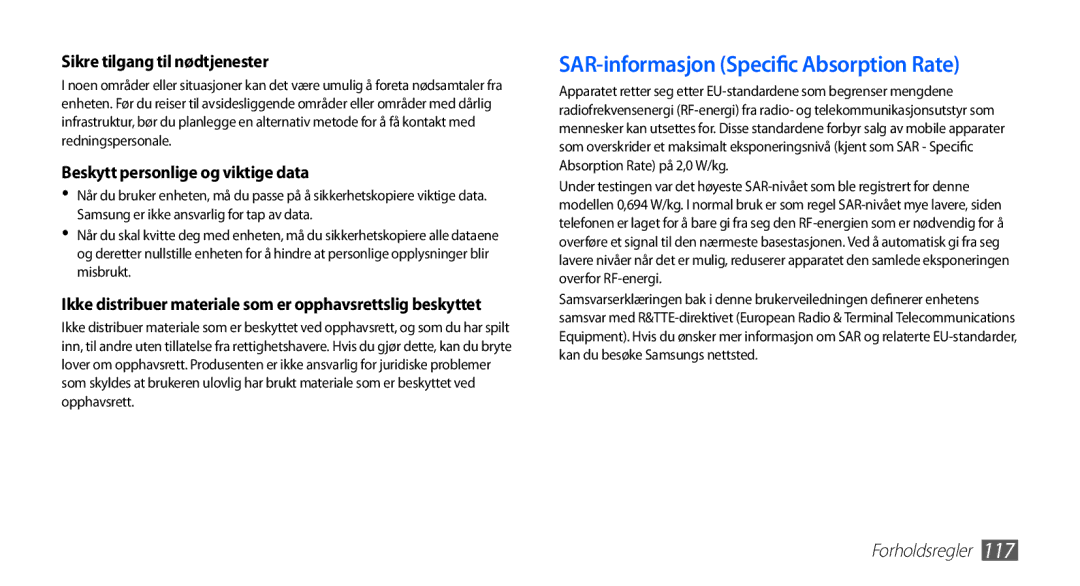 Samsung GT-S5830RWINEE, GT-S5830PPINEE, GT-S5830UWINEE, GT-S5830OKINEE manual SAR-informasjon Specific Absorption Rate 