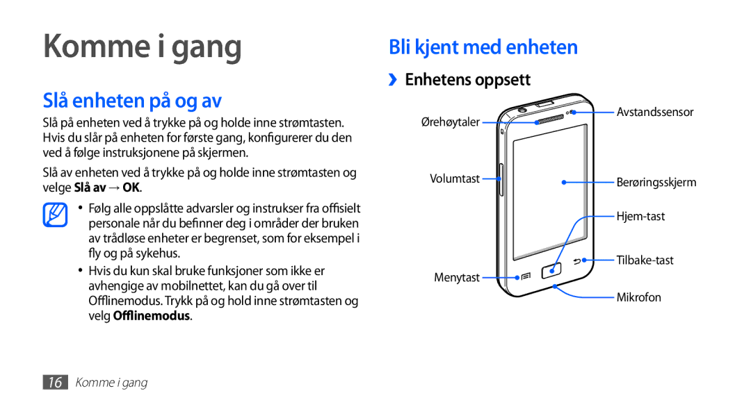 Samsung GT-S5830PPINEE, GT-S5830RWINEE manual Komme i gang, Slå enheten på og av, Bli kjent med enheten ››Enhetens oppsett 