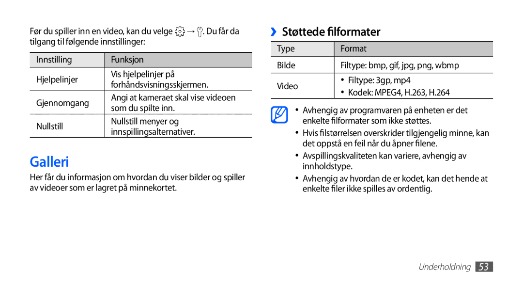 Samsung GT-S5830RWINEE, GT-S5830PPINEE, GT-S5830UWINEE, GT-S5830OKINEE manual Galleri, ››Støttede filformater 