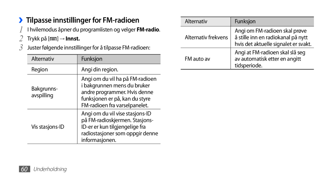 Samsung GT-S5830PPINEE, GT-S5830RWINEE, GT-S5830UWINEE, GT-S5830OKINEE manual ››Tilpasse innstillinger for FM-radioen 