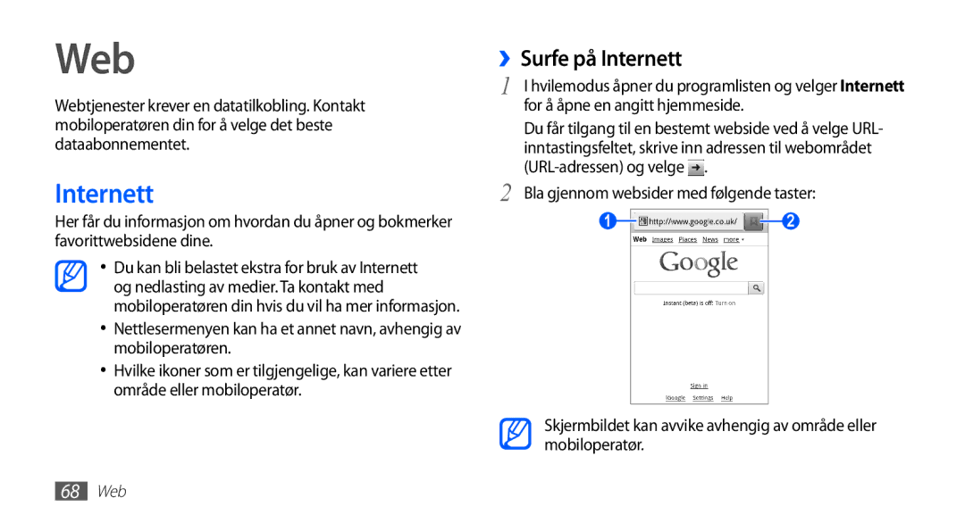 Samsung GT-S5830PPINEE, GT-S5830RWINEE, GT-S5830UWINEE, GT-S5830OKINEE manual Web, ››Surfe på Internett 