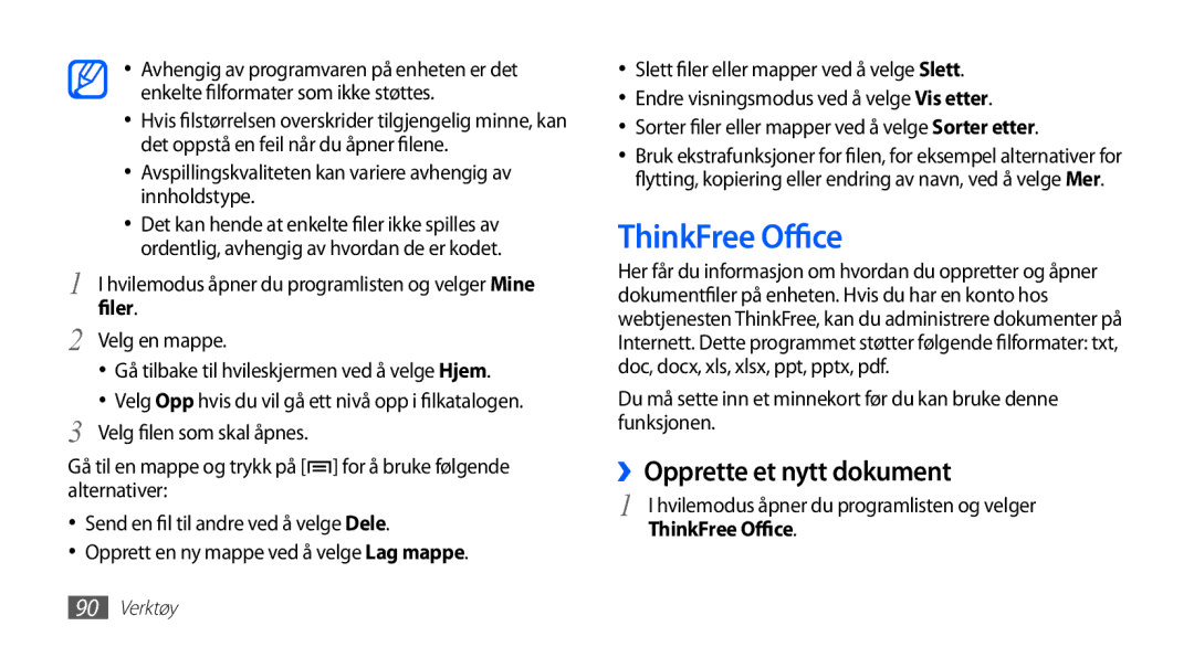 Samsung GT-S5830UWINEE, GT-S5830PPINEE, GT-S5830RWINEE, GT-S5830OKINEE manual ThinkFree Office, ››Opprette et nytt dokument 